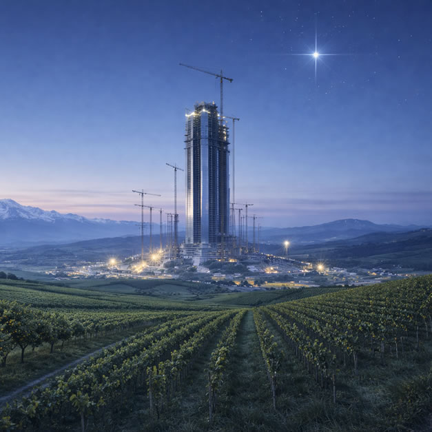 Immagine raffigurante una torre in una città moderna e una stella brillante